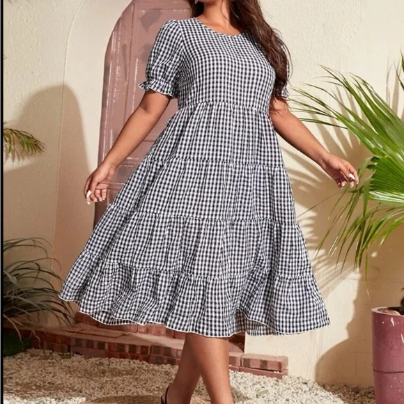 Classic Plus Size Gingham Puff Sleeve Ruffle Hem Smock Dress - Picture 5 of 5